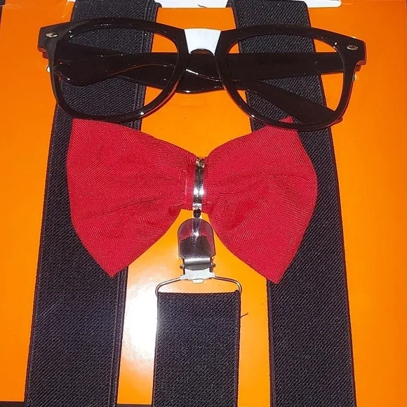 Adult Nerd Costume Black Glasses, Suspenders, Bow Tie NEW - Picture 3 of 5